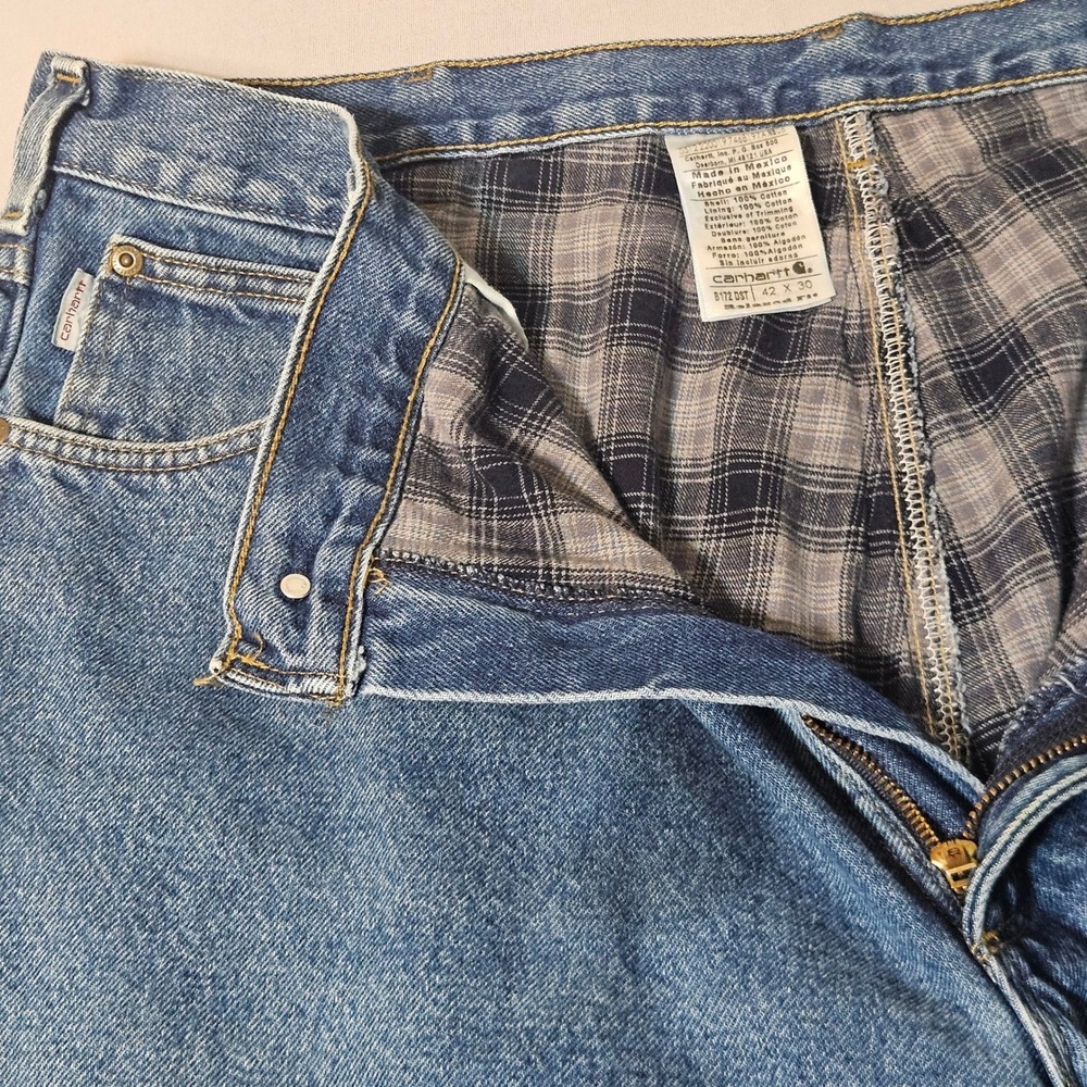 Carhartt Flannel Lined Jeans Mens 42x29 Blue‎ B172 DST Relaxed Fit Denim